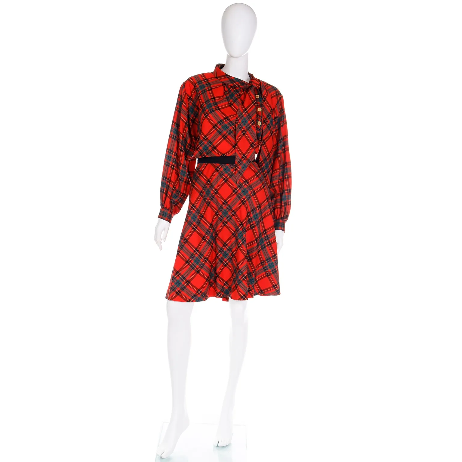 F/W 1987 Yves Saint Laurent Red Plaid 2pc Dress W Skirt & Tie Blouse