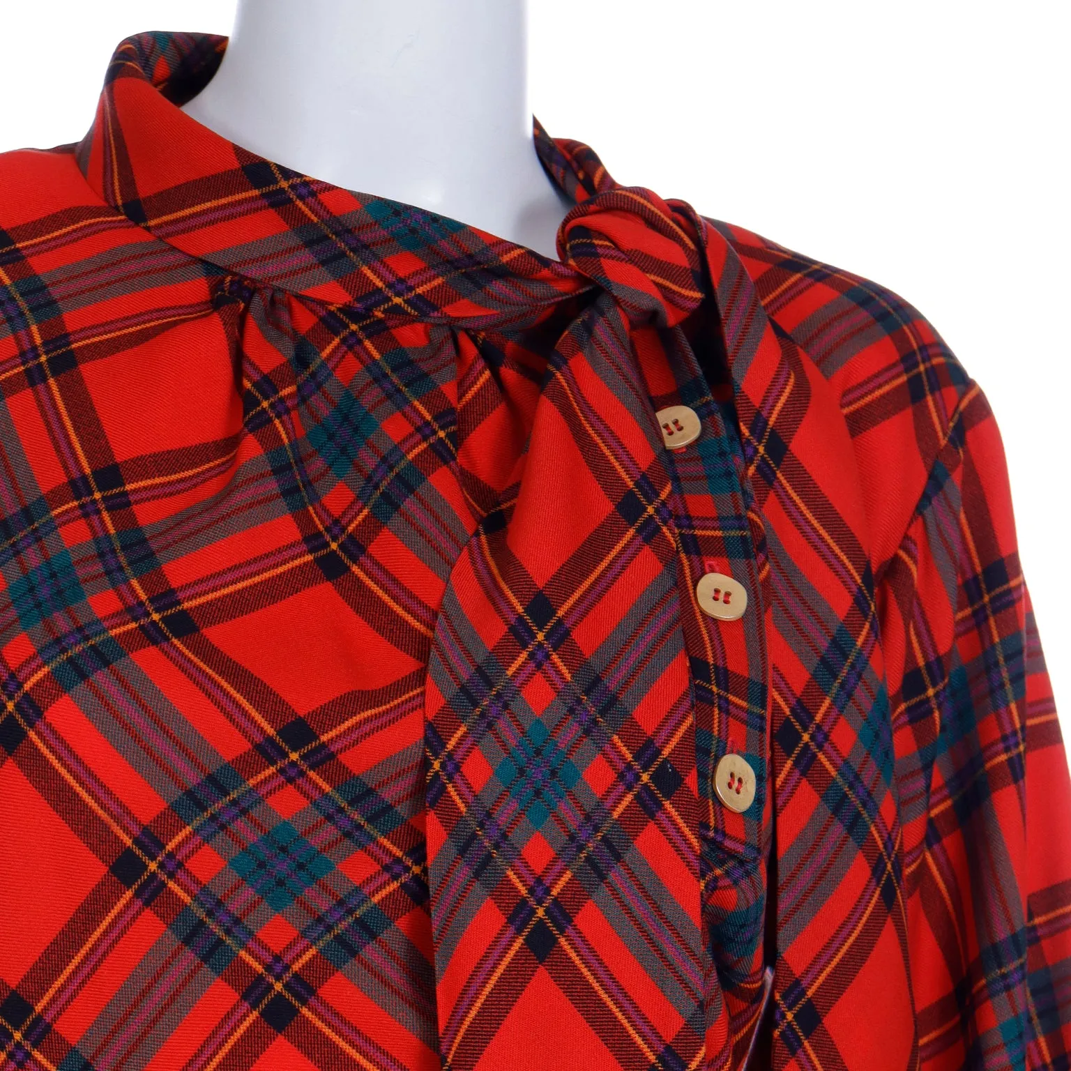 F/W 1987 Yves Saint Laurent Red Plaid 2pc Dress W Skirt & Tie Blouse