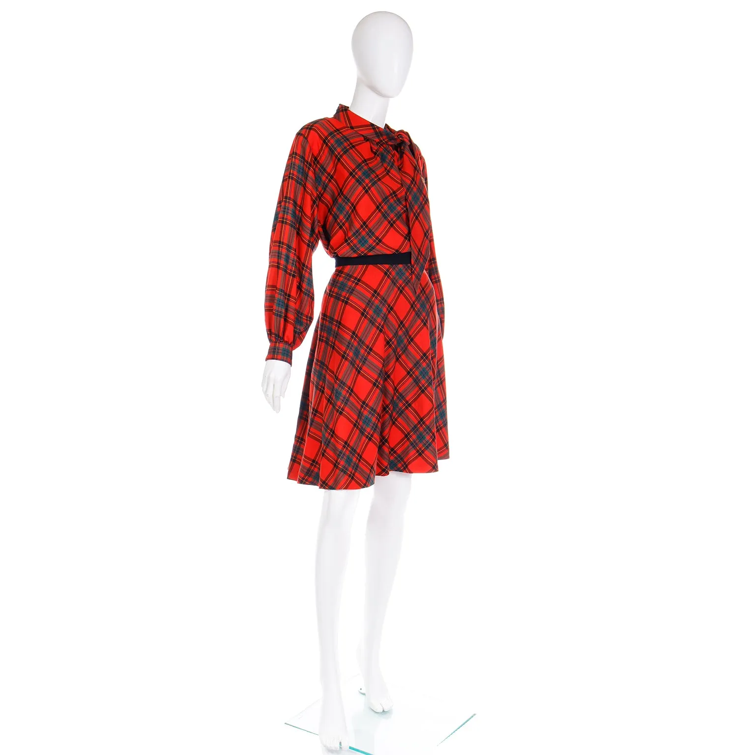 F/W 1987 Yves Saint Laurent Red Plaid 2pc Dress W Skirt & Tie Blouse