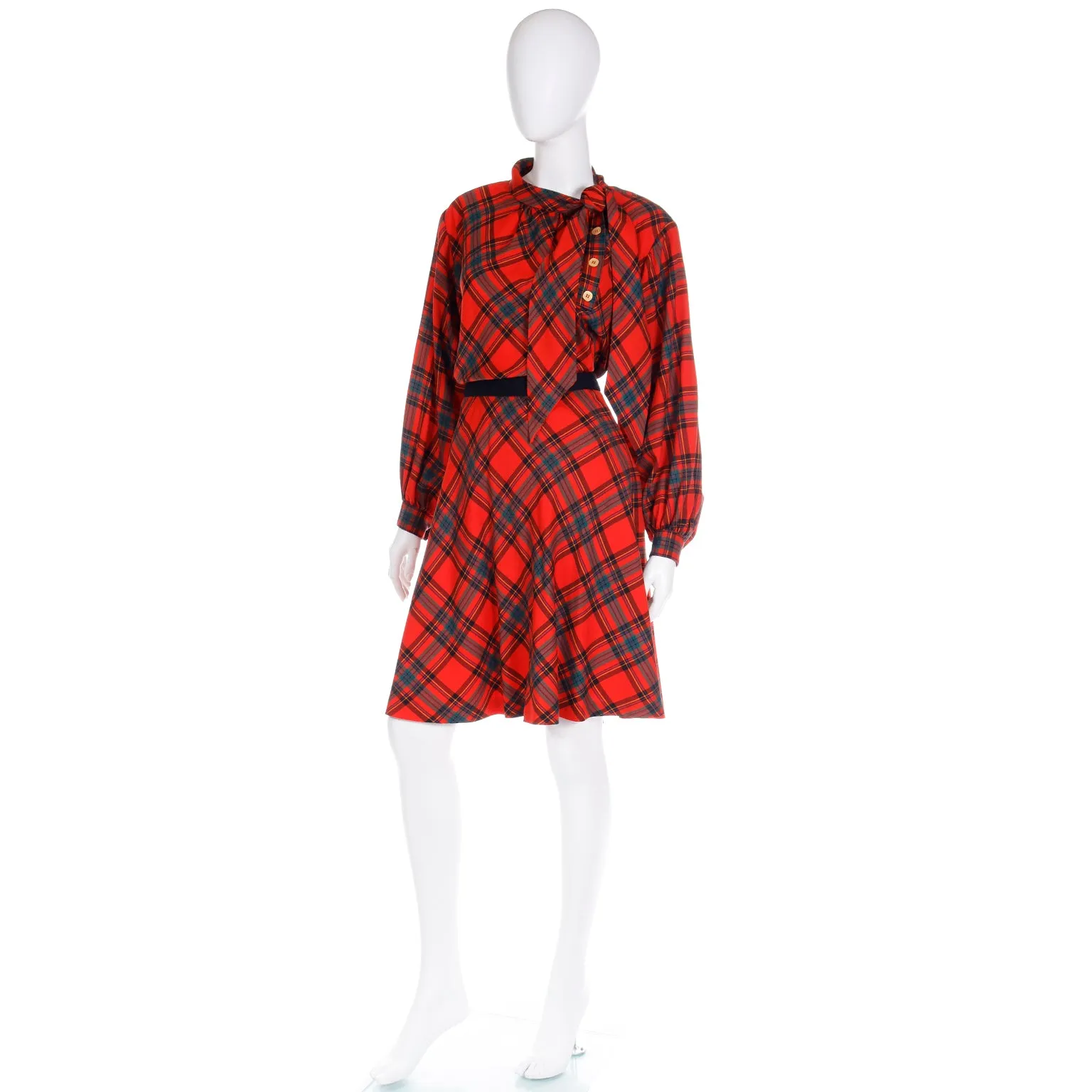 F/W 1987 Yves Saint Laurent Red Plaid 2pc Dress W Skirt & Tie Blouse