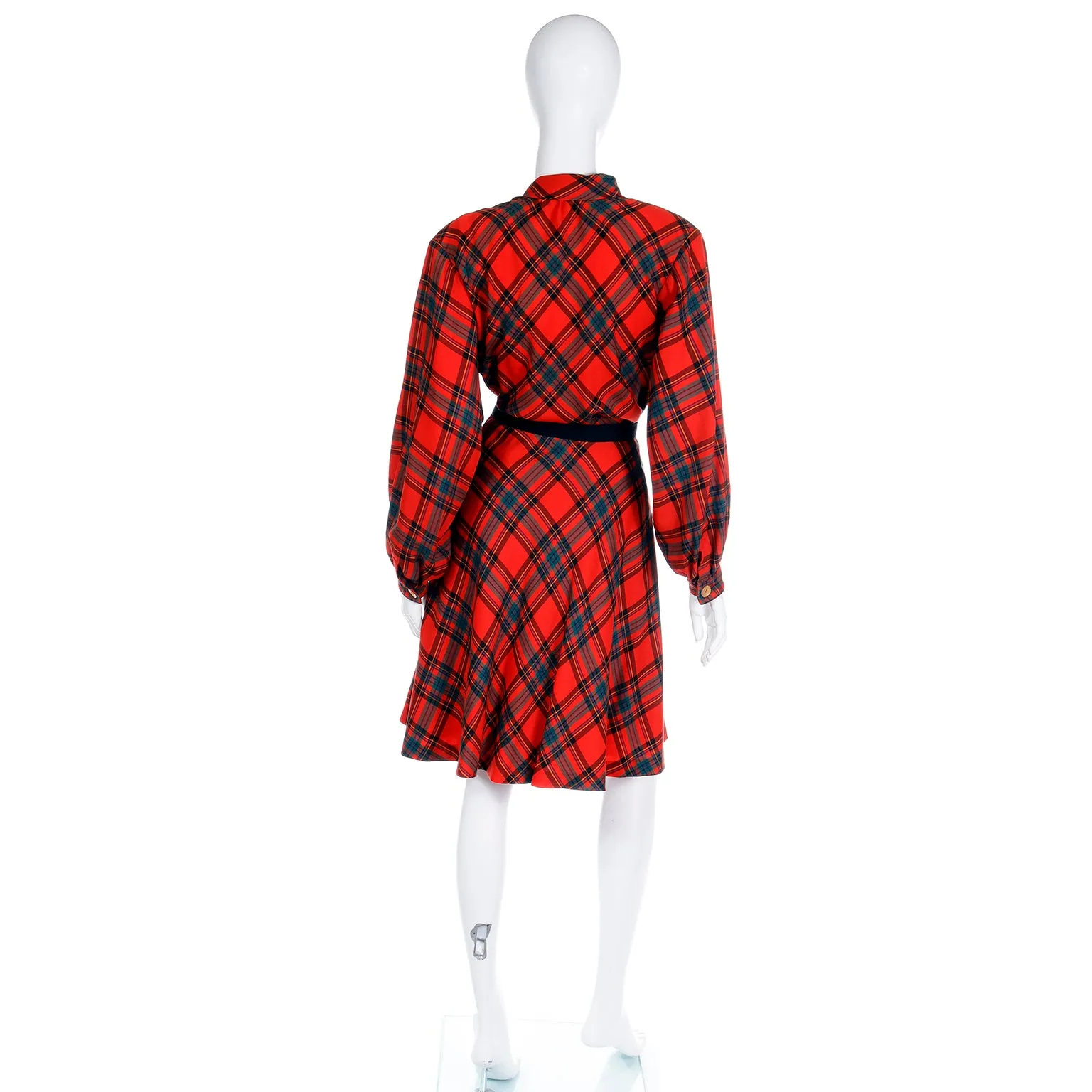 F/W 1987 Yves Saint Laurent Red Plaid 2pc Dress W Skirt & Tie Blouse