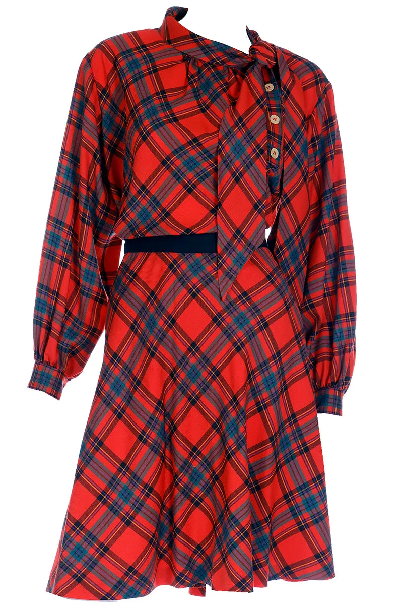 F/W 1987 Yves Saint Laurent Red Plaid 2pc Dress W Skirt & Tie Blouse