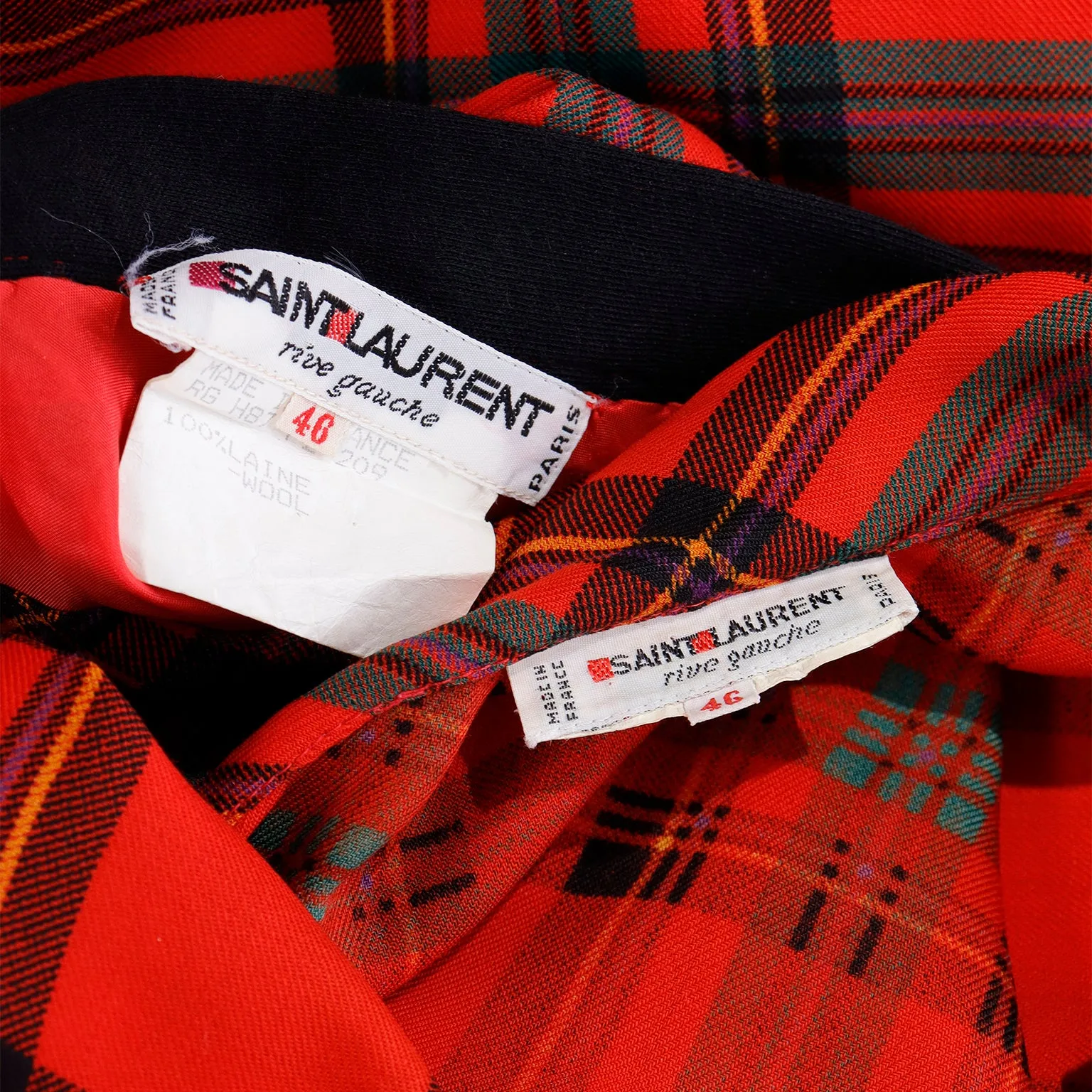 F/W 1987 Yves Saint Laurent Red Plaid 2pc Dress W Skirt & Tie Blouse