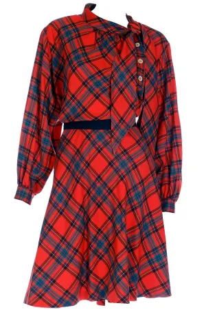 F/W 1987 Yves Saint Laurent Red Plaid 2pc Dress W Skirt & Tie Blouse