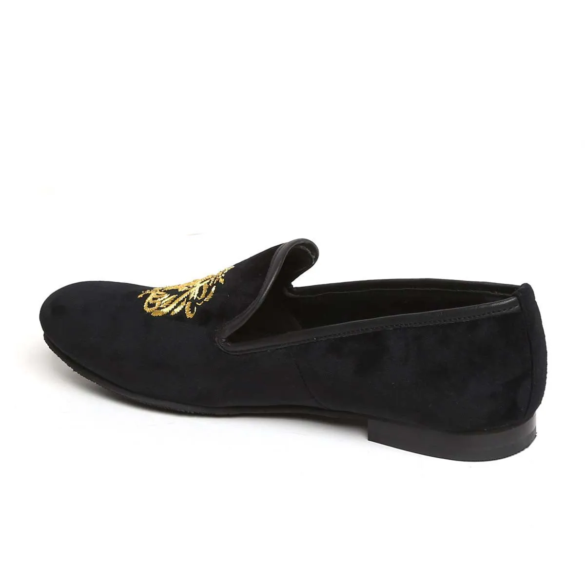 Gold Lion Zardosi Black Velvet Slip-On Shoes