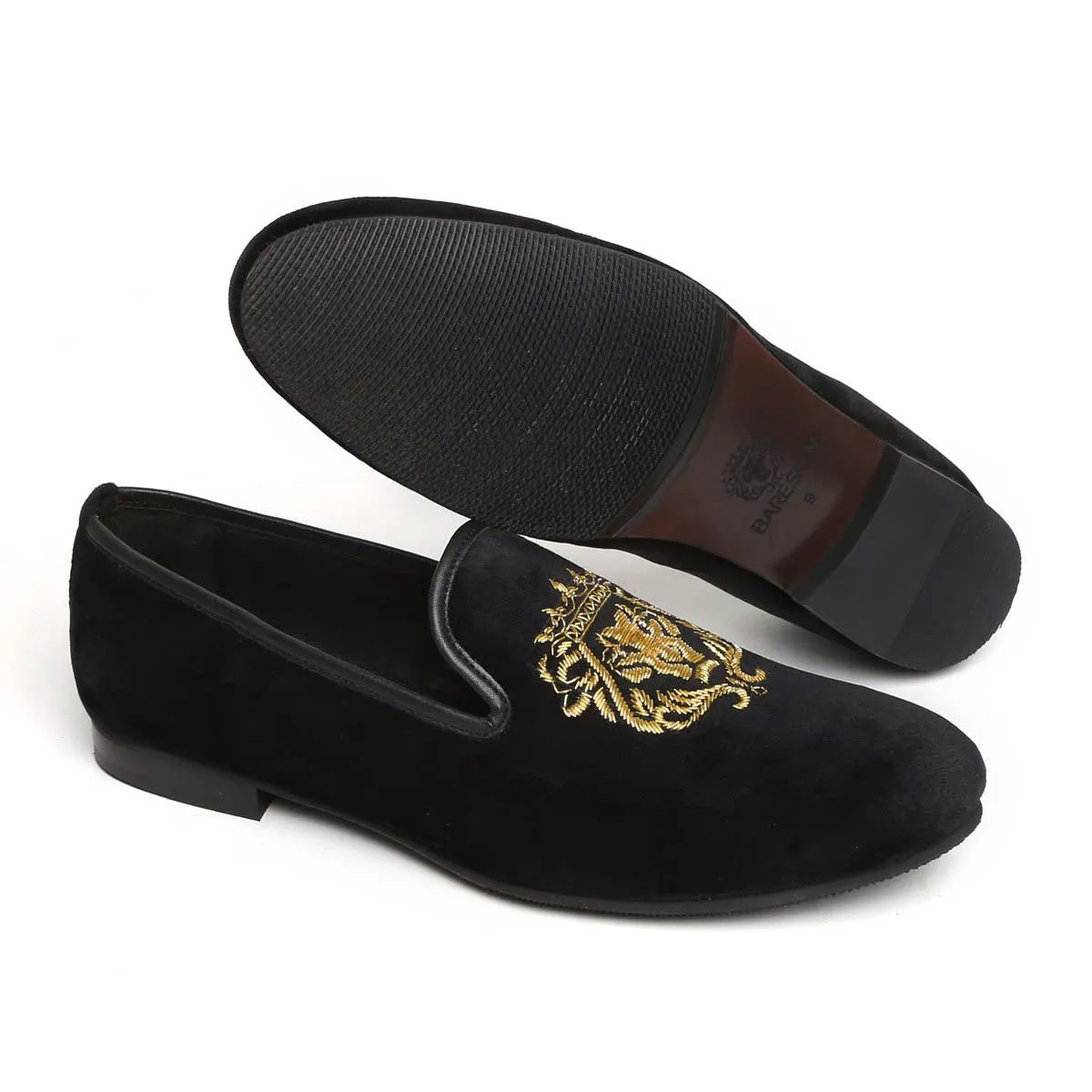 Gold Lion Zardosi Black Velvet Slip-On Shoes