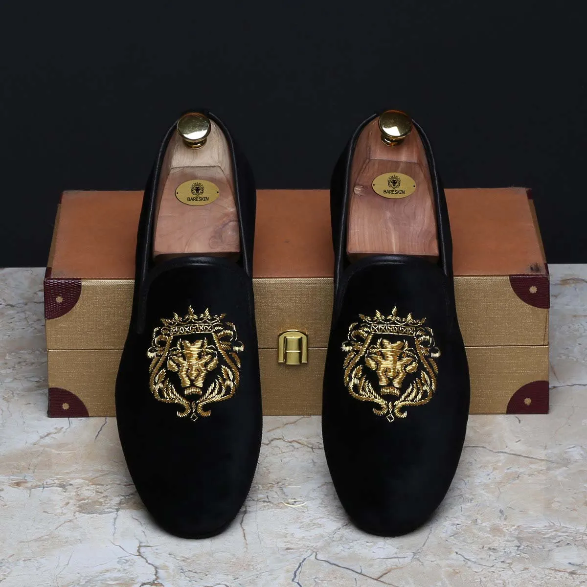 Gold Lion Zardosi Black Velvet Slip-On Shoes