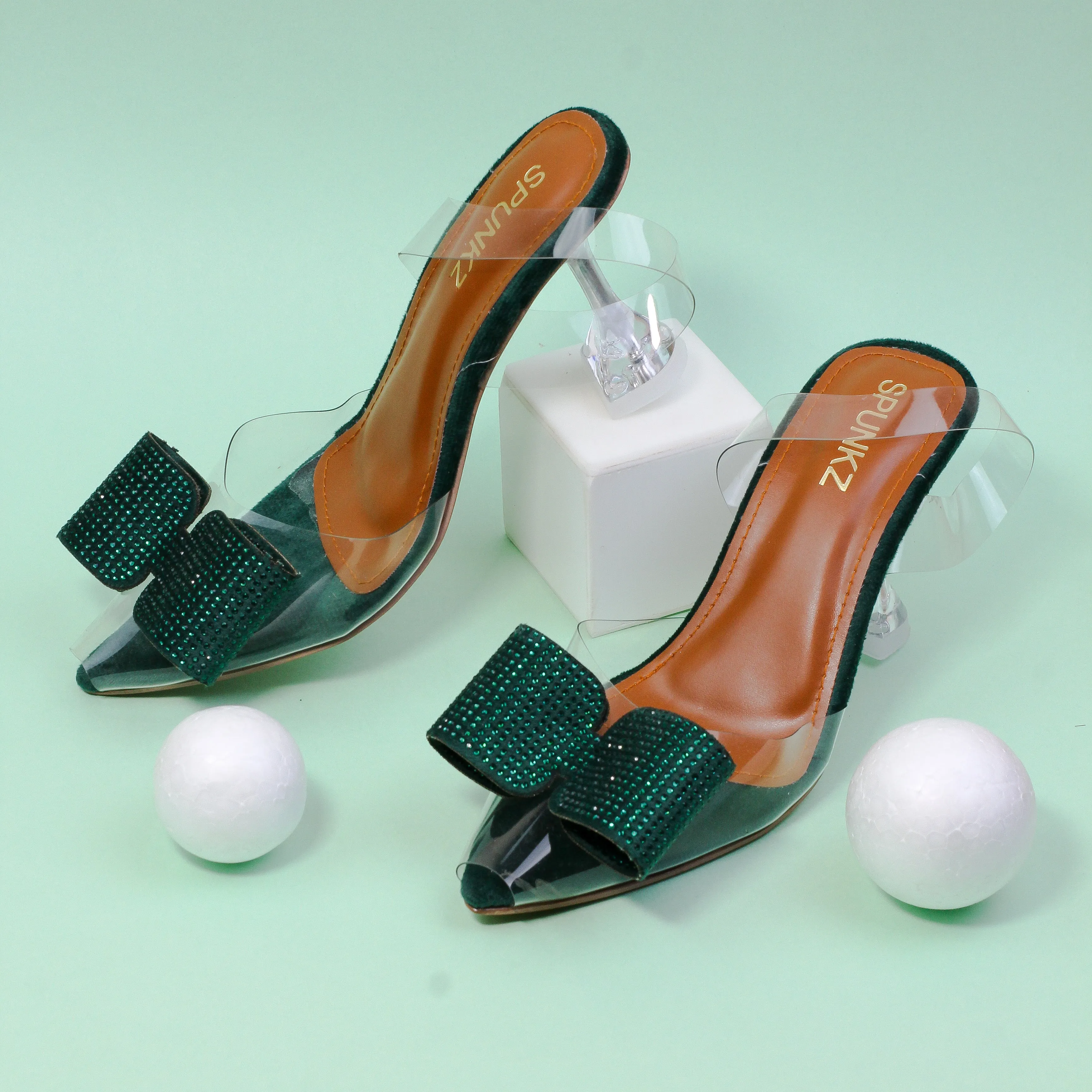 Green Romeo Crystal Bow Transparent Cinderella Heels
