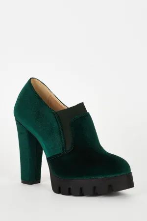 Green Velvet Block Heel Platform Shoes