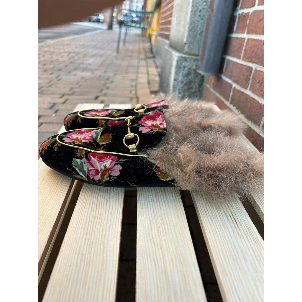 Gucci Fur Floral Princetown Velvet Mules - Size 38