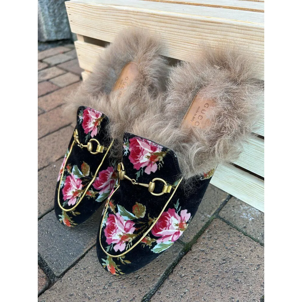 Gucci Fur Floral Princetown Velvet Mules - Size 38