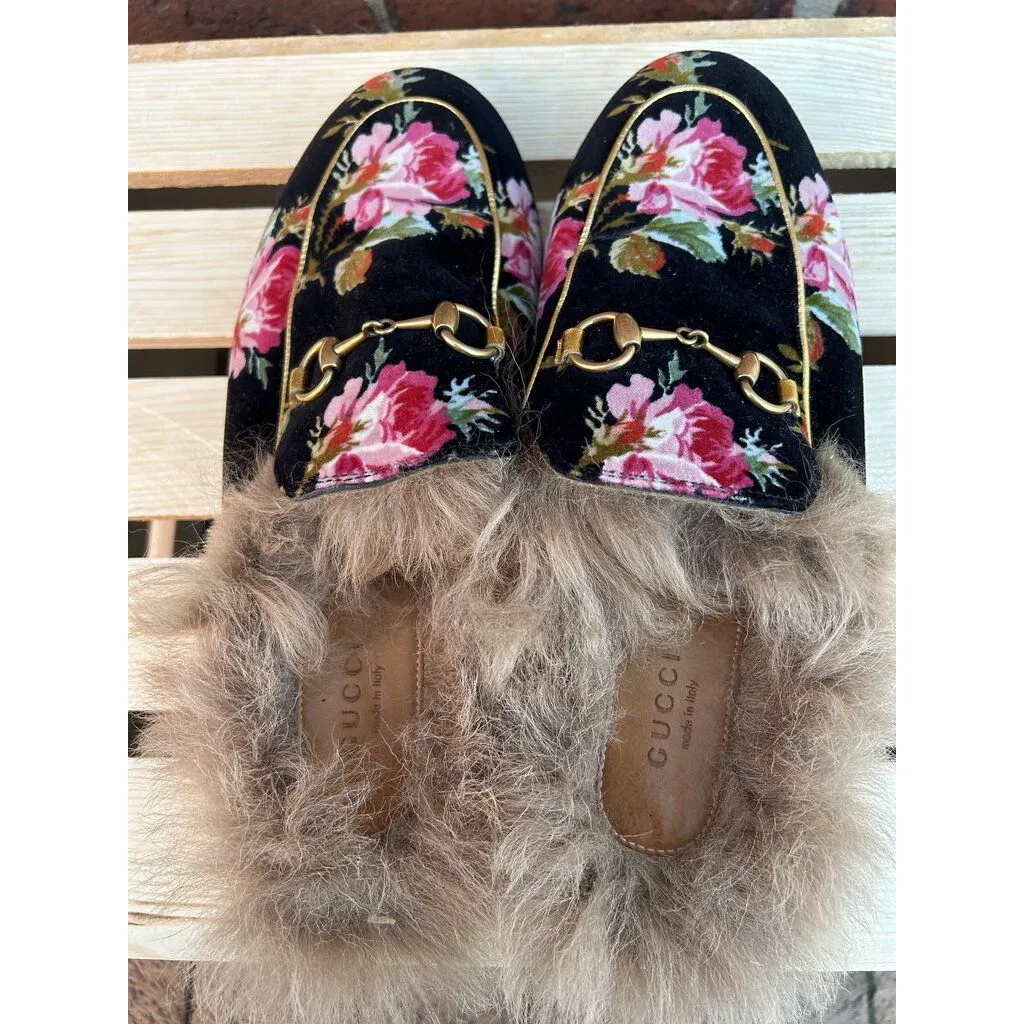 Gucci Fur Floral Princetown Velvet Mules - Size 38