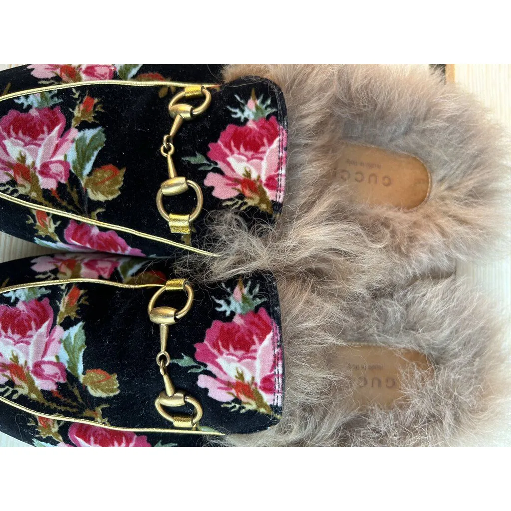 Gucci Fur Floral Princetown Velvet Mules - Size 38