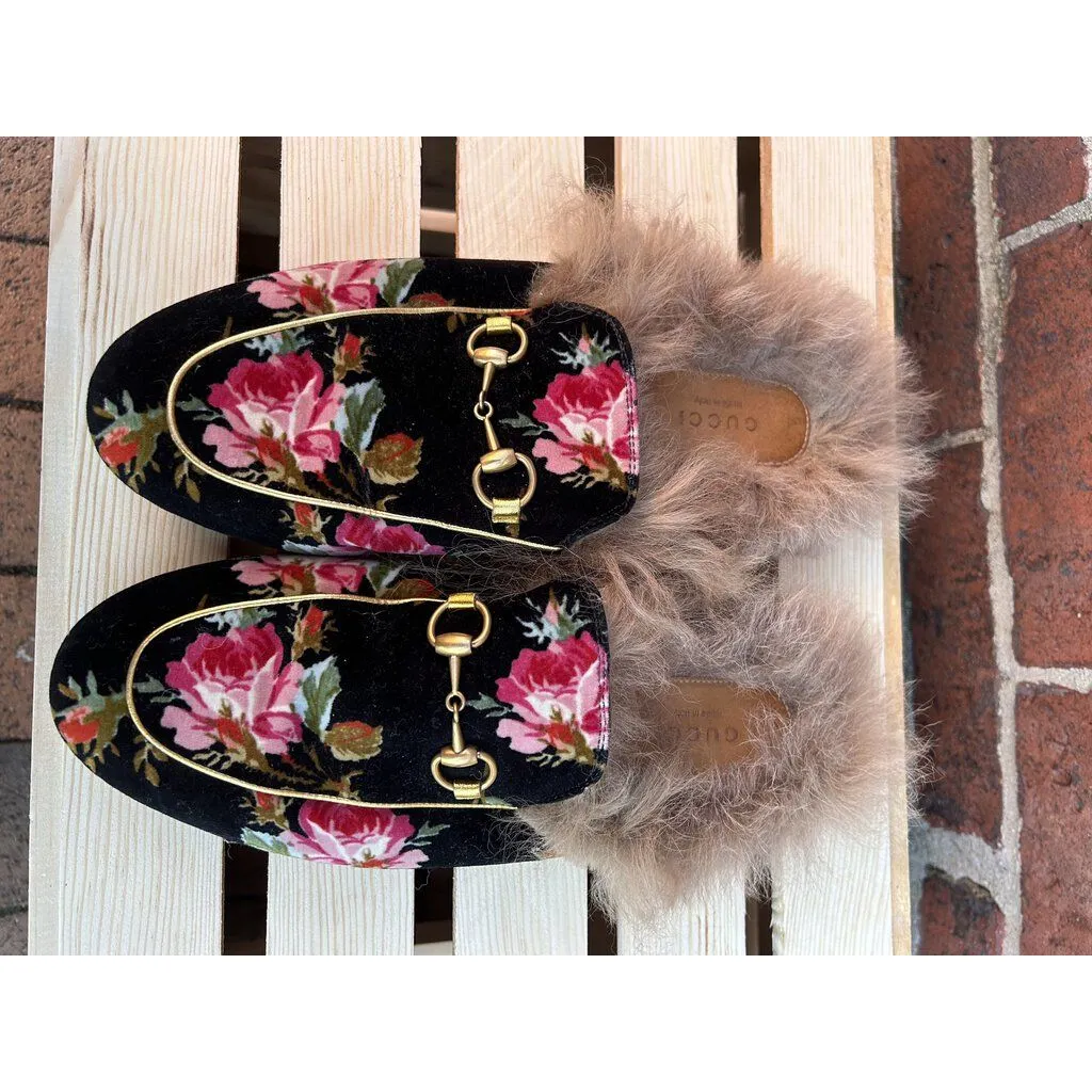 Gucci Fur Floral Princetown Velvet Mules - Size 38