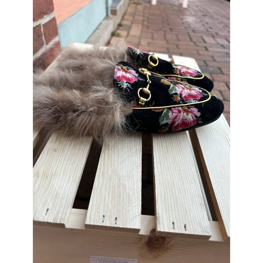 Gucci Fur Floral Princetown Velvet Mules - Size 38