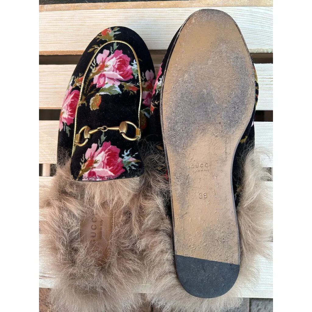 Gucci Fur Floral Princetown Velvet Mules - Size 38