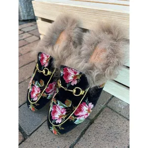 Gucci Fur Floral Princetown Velvet Mules - Size 38