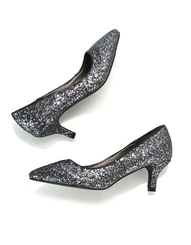 Gwyneth Pointed Toe Stiletto Low Kitten Court Heel Pumps in Silver Glitter
