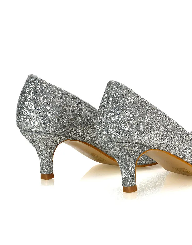 Gwyneth Pointed Toe Stiletto Low Kitten Court Heel Pumps in Silver Glitter