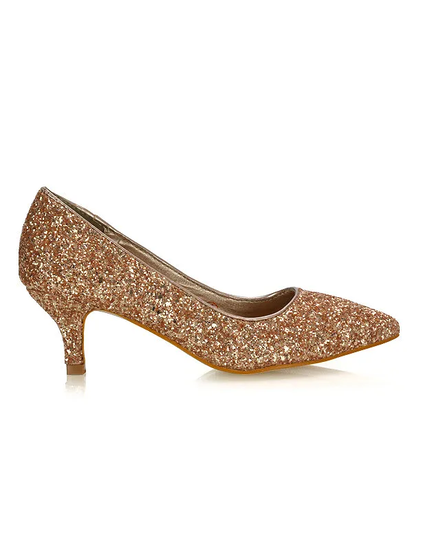 Gwyneth Pointed Toe Stiletto Low Kitten Court Heel Pumps in Silver Glitter