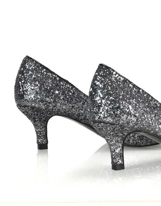 Gwyneth Pointed Toe Stiletto Low Kitten Court Heel Pumps in Silver Glitter