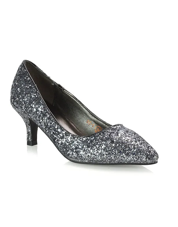 Gwyneth Pointed Toe Stiletto Low Kitten Court Heel Pumps in Silver Glitter