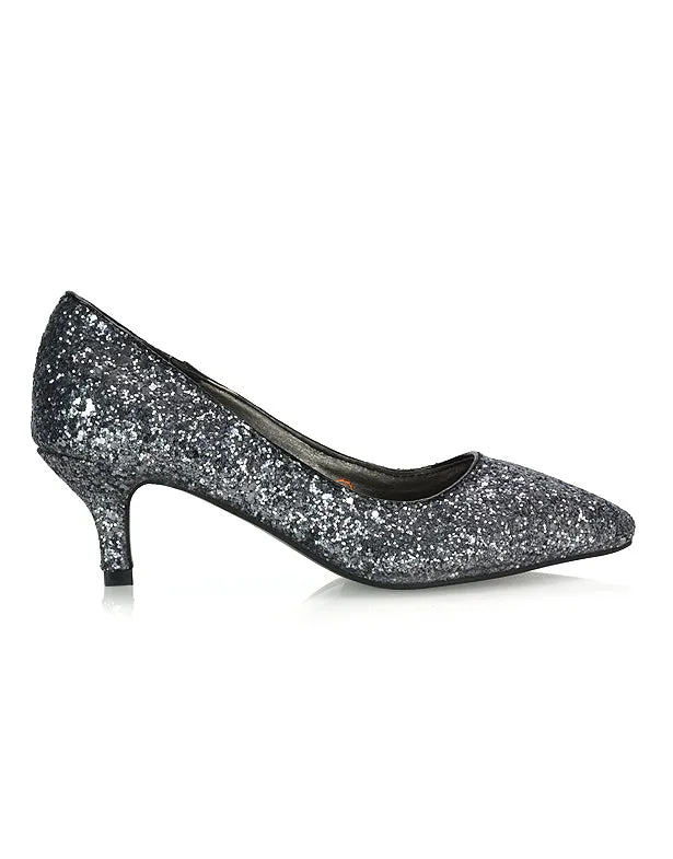 Gwyneth Pointed Toe Stiletto Low Kitten Court Heel Pumps in Silver Glitter