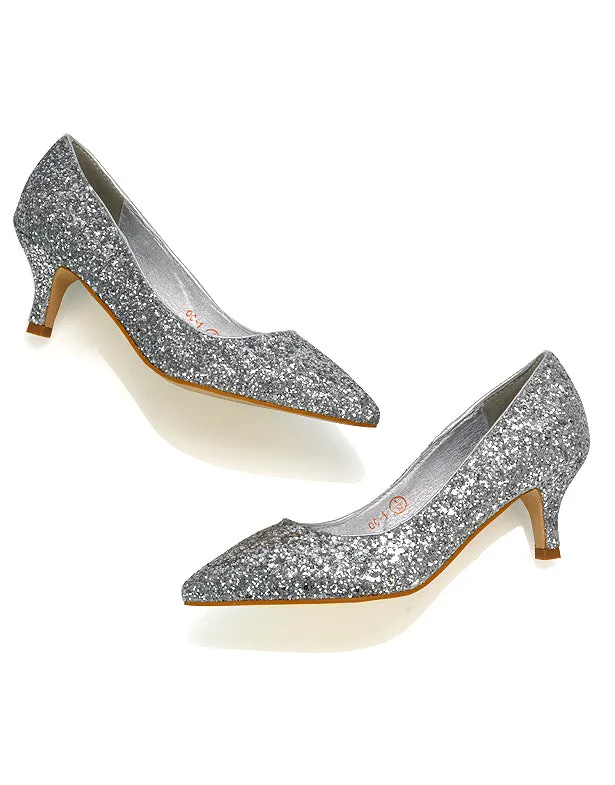 Gwyneth Pointed Toe Stiletto Low Kitten Court Heel Pumps in Silver Glitter