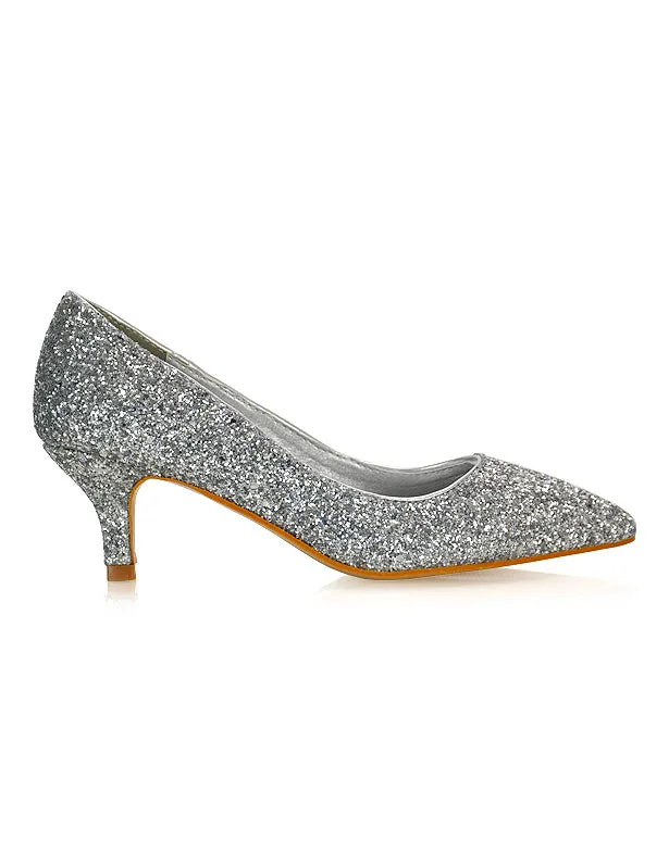 Gwyneth Pointed Toe Stiletto Low Kitten Court Heel Pumps in Silver Glitter