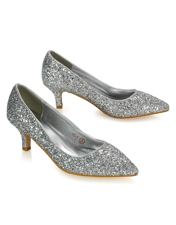 Gwyneth Pointed Toe Stiletto Low Kitten Court Heel Pumps in Silver Glitter