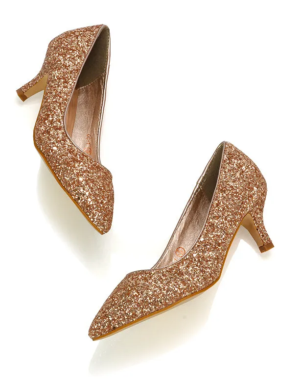 Gwyneth Pointed Toe Stiletto Low Kitten Court Heel Pumps in Silver Glitter