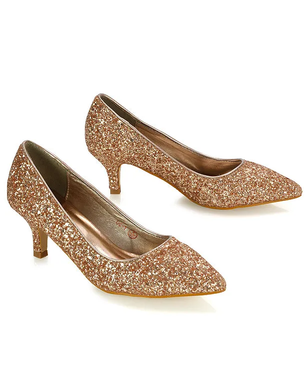 Gwyneth Pointed Toe Stiletto Low Kitten Court Heel Pumps in Silver Glitter