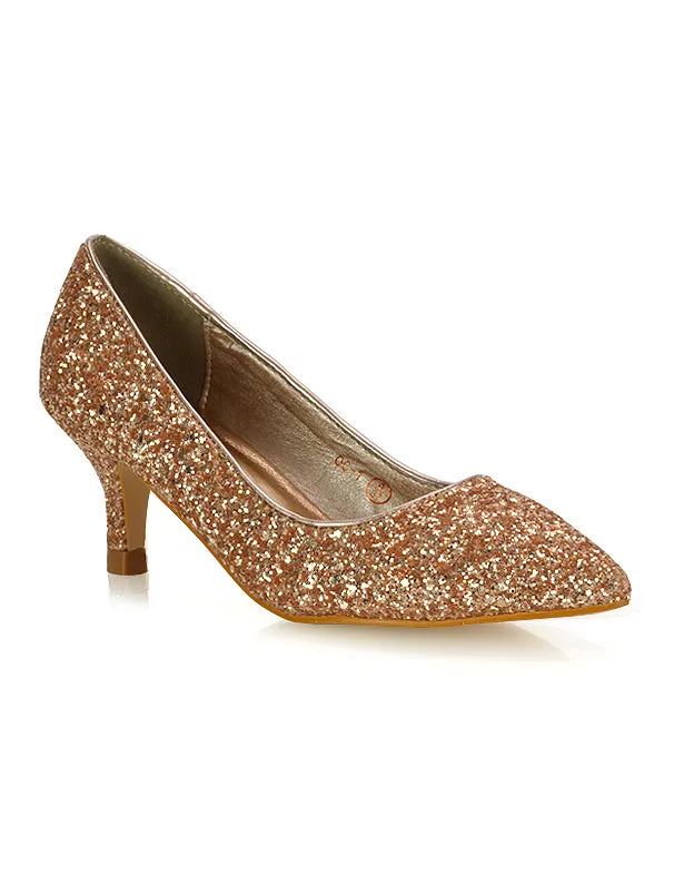 Gwyneth Pointed Toe Stiletto Low Kitten Court Heel Pumps in Silver Glitter