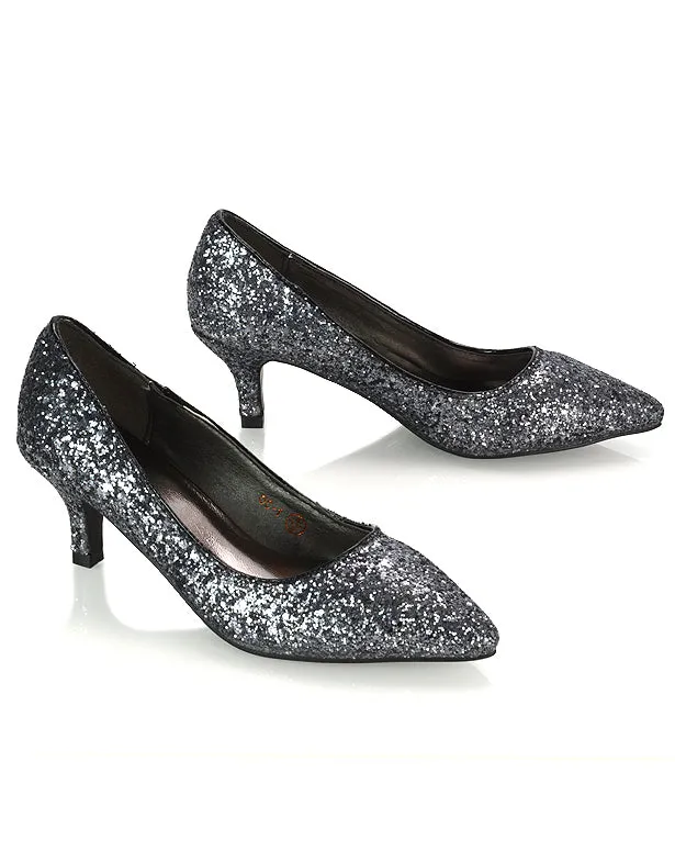 Gwyneth Pointed Toe Stiletto Low Kitten Court Heel Pumps in Silver Glitter