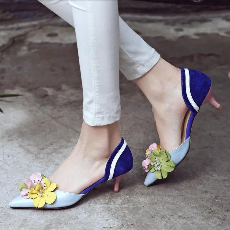 Handmade Dorsey Kitten Heels with Flower Decoration