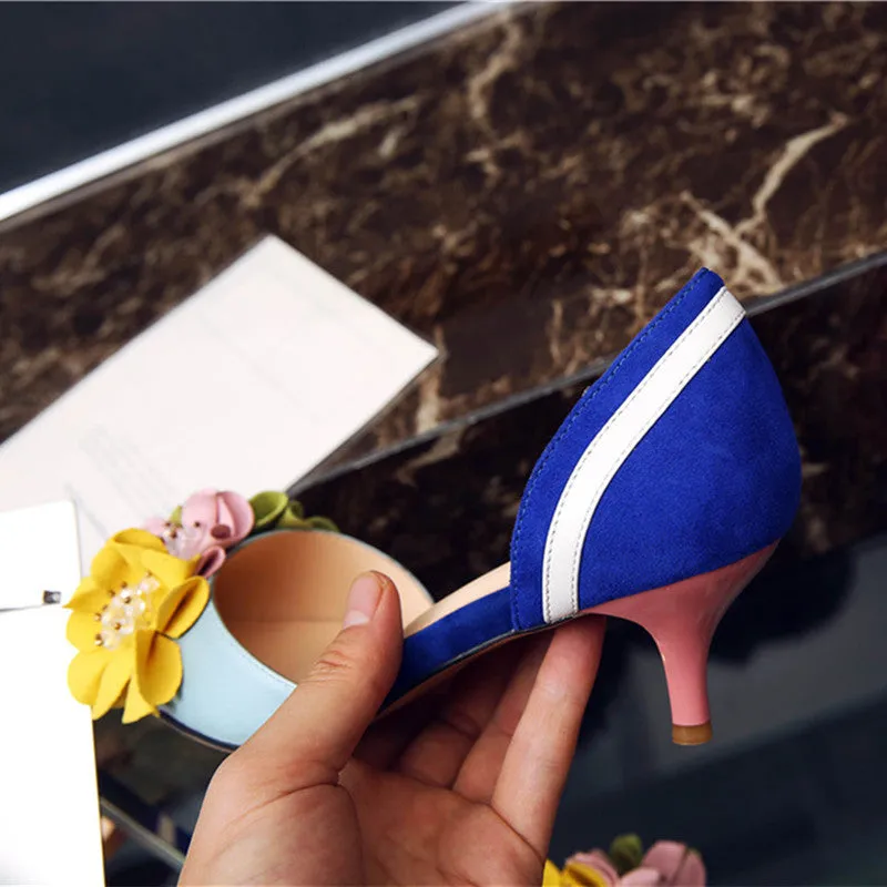 Handmade Dorsey Kitten Heels with Flower Decoration