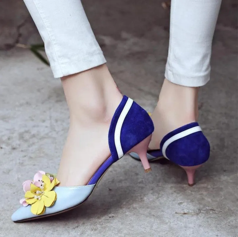 Handmade Dorsey Kitten Heels with Flower Decoration