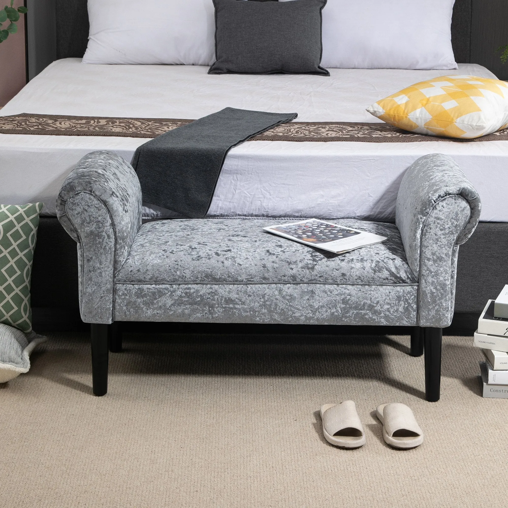 Ice Crush Velvet Fabric Upholstered Bed End Bench, Padded Sponge Cushion Bedroom Bench with Armrests Rubber Wood for Living Room Entryway, Silver Grey Bedside Footstool