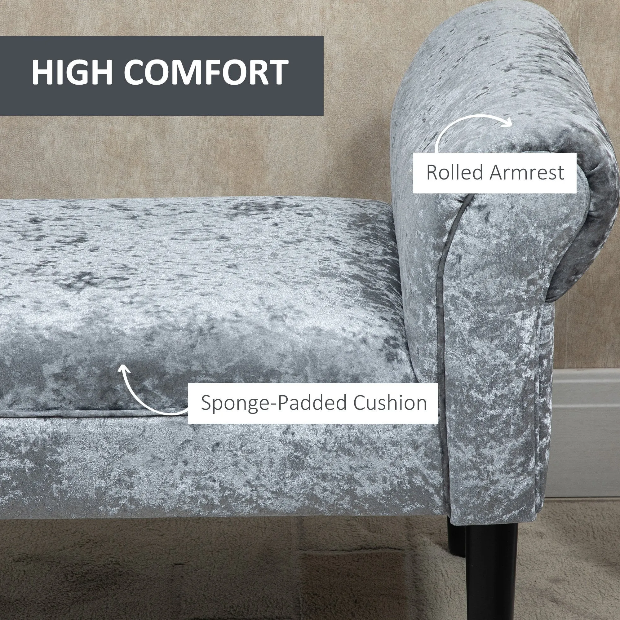 Ice Crush Velvet Fabric Upholstered Bed End Bench, Padded Sponge Cushion Bedroom Bench with Armrests Rubber Wood for Living Room Entryway, Silver Grey Bedside Footstool