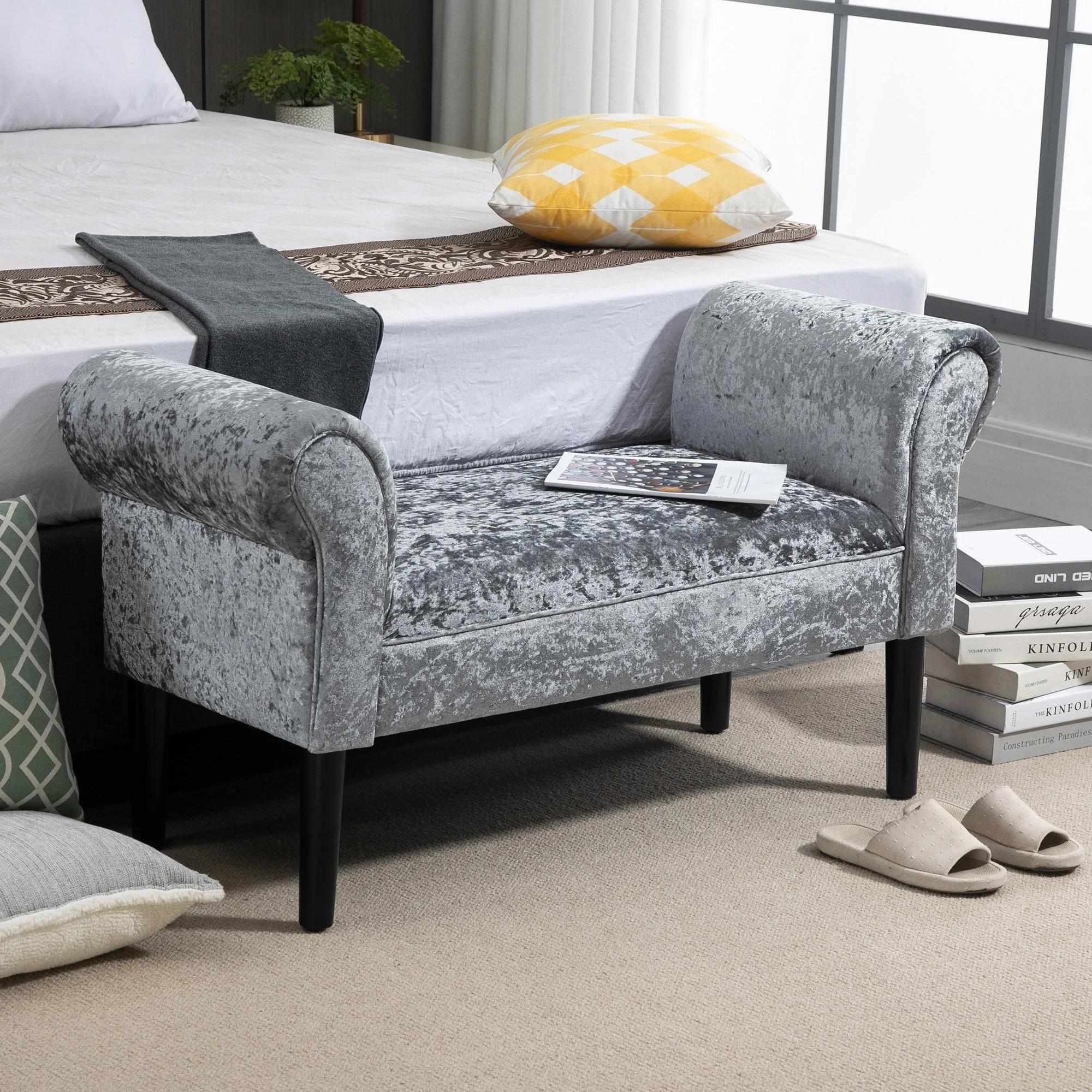 Ice Crush Velvet Fabric Upholstered Bed End Bench, Padded Sponge Cushion Bedroom Bench with Armrests Rubber Wood for Living Room Entryway, Silver Grey Bedside Footstool
