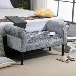 Ice Crush Velvet Fabric Upholstered Bed End Bench, Padded Sponge Cushion Bedroom Bench with Armrests Rubber Wood for Living Room Entryway, Silver Grey Bedside Footstool