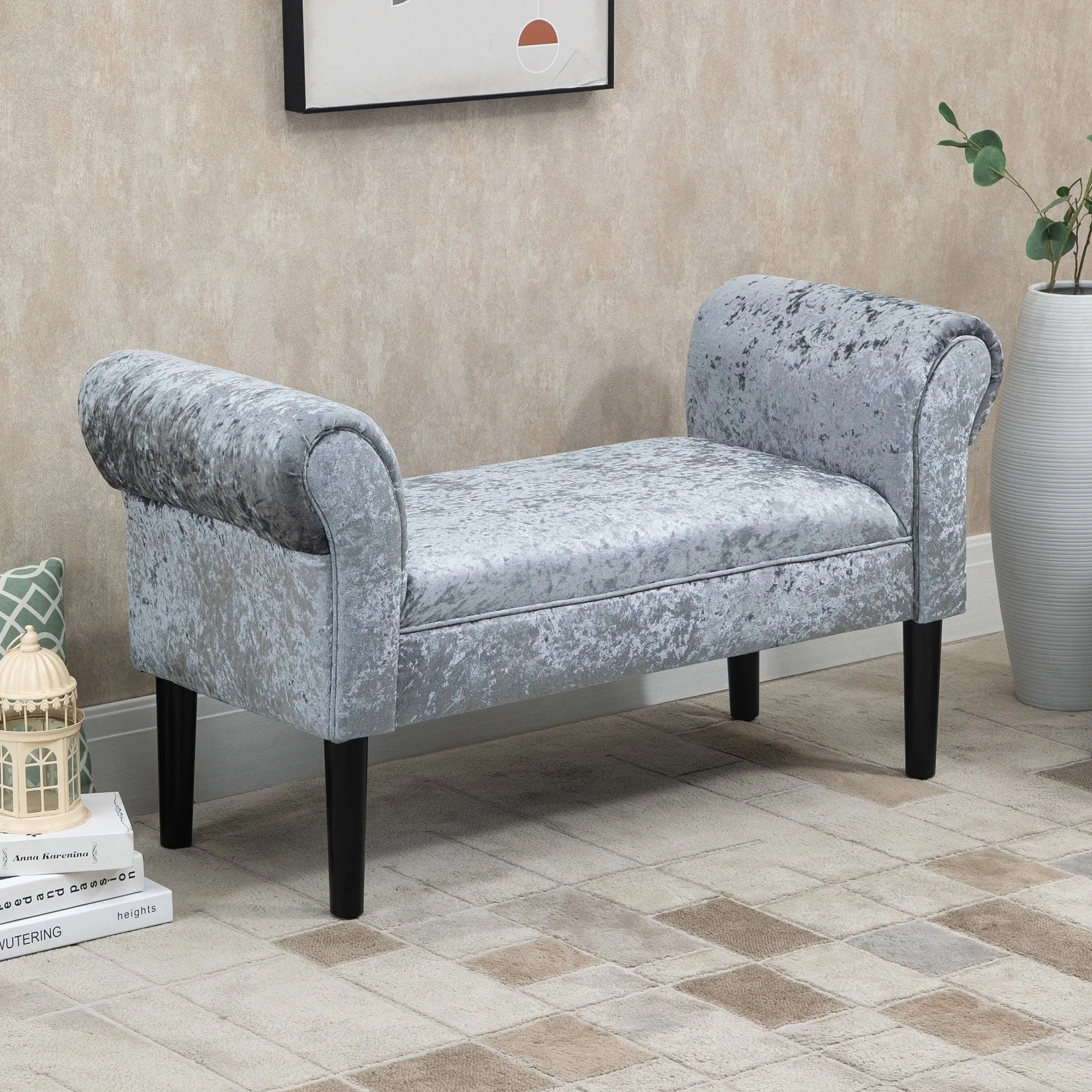 Ice Crush Velvet Fabric Upholstered Bed End Bench, Padded Sponge Cushion Bedroom Bench with Armrests Rubber Wood for Living Room Entryway, Silver Grey Bedside Footstool