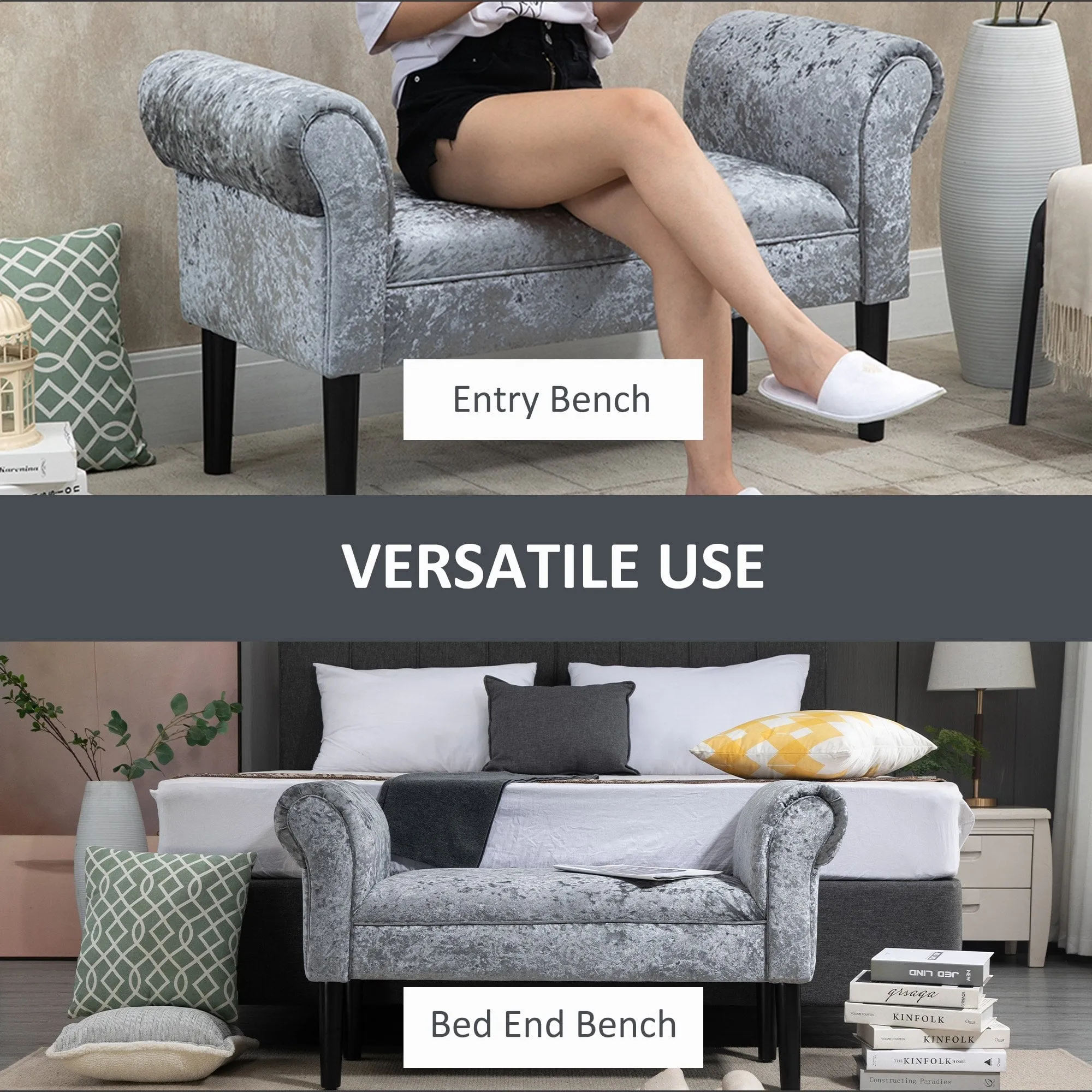 Ice Crush Velvet Fabric Upholstered Bed End Bench, Padded Sponge Cushion Bedroom Bench with Armrests Rubber Wood for Living Room Entryway, Silver Grey Bedside Footstool