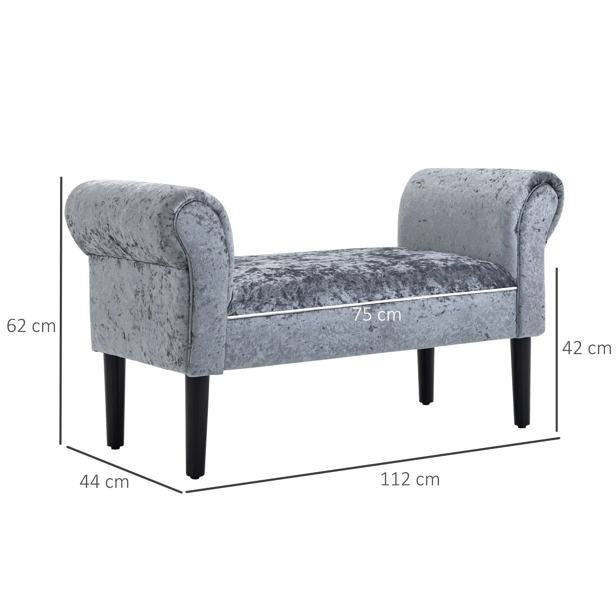 Ice Crush Velvet Fabric Upholstered Bed End Bench, Padded Sponge Cushion Bedroom Bench with Armrests Rubber Wood for Living Room Entryway, Silver Grey Bedside Footstool