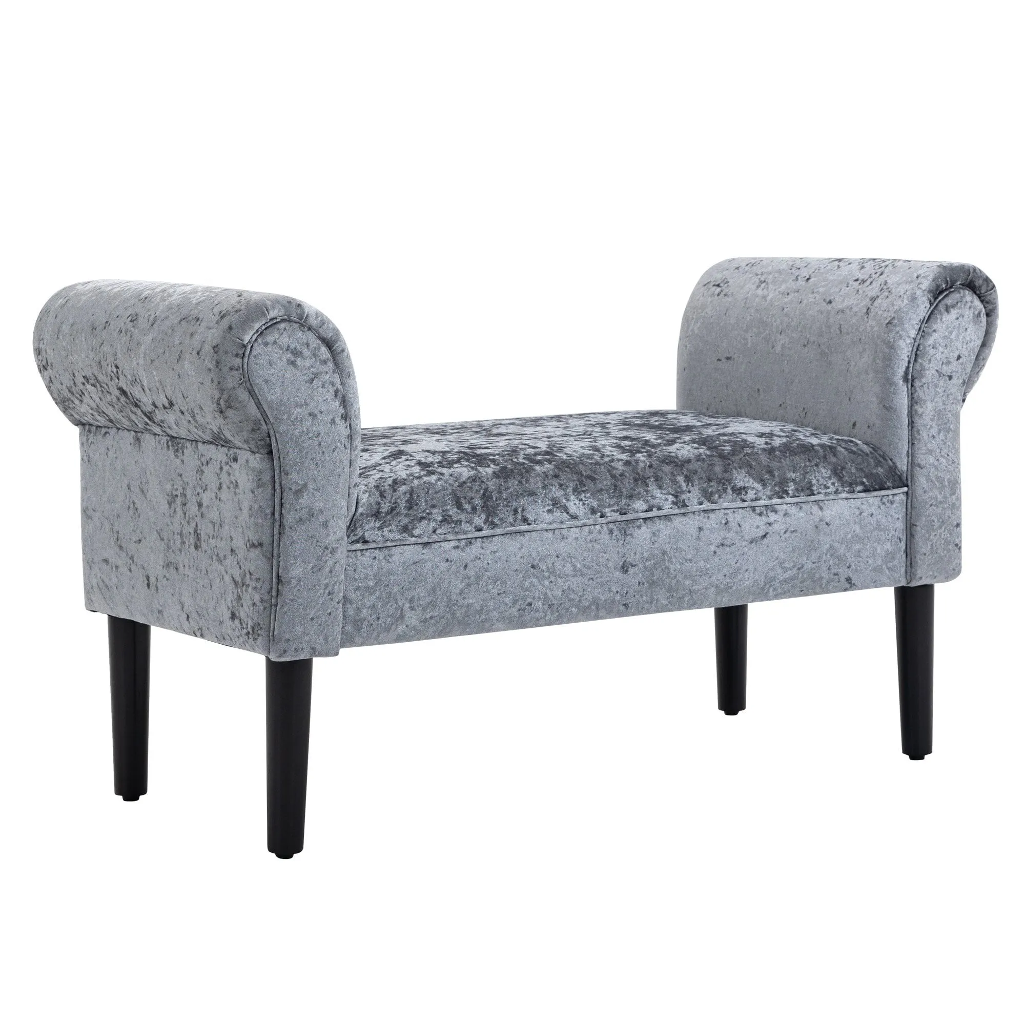 Ice Crush Velvet Fabric Upholstered Bed End Bench, Padded Sponge Cushion Bedroom Bench with Armrests Rubber Wood for Living Room Entryway, Silver Grey Bedside Footstool