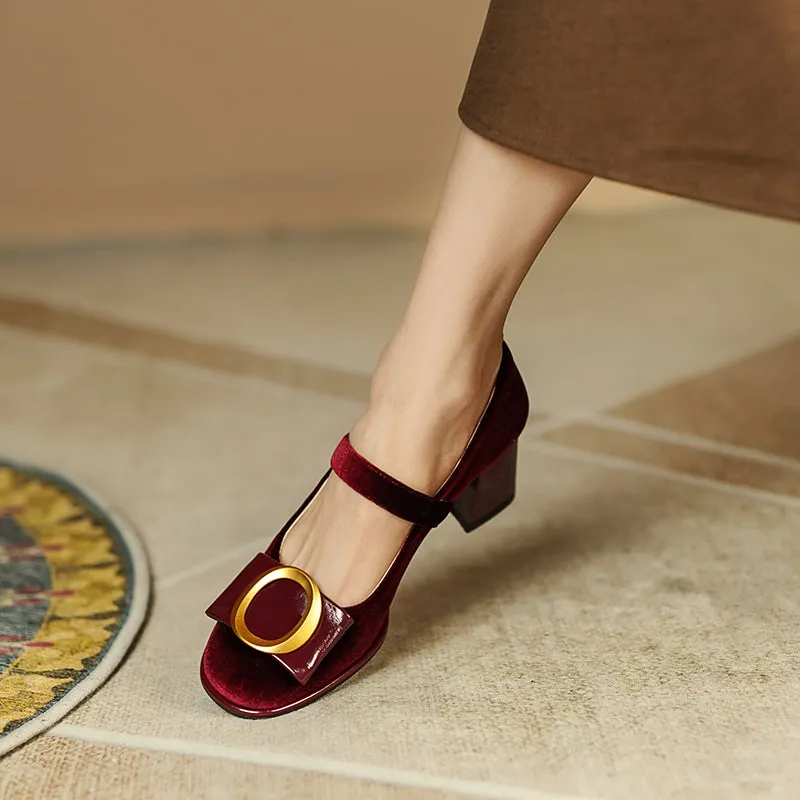 Inaya Mary Jane Burgundy Velvet Heels