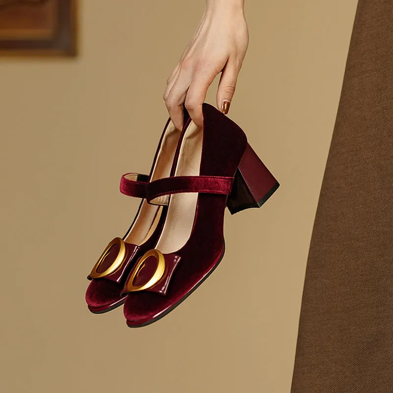 Inaya Mary Jane Burgundy Velvet Heels
