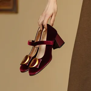 Inaya Mary Jane Burgundy Velvet Heels