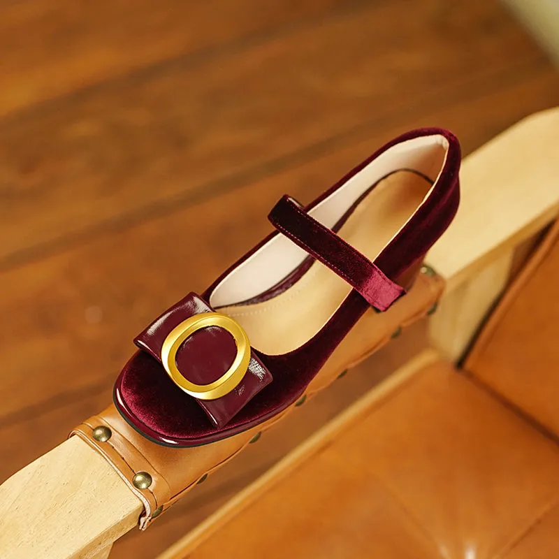 Inaya Mary Jane Burgundy Velvet Heels