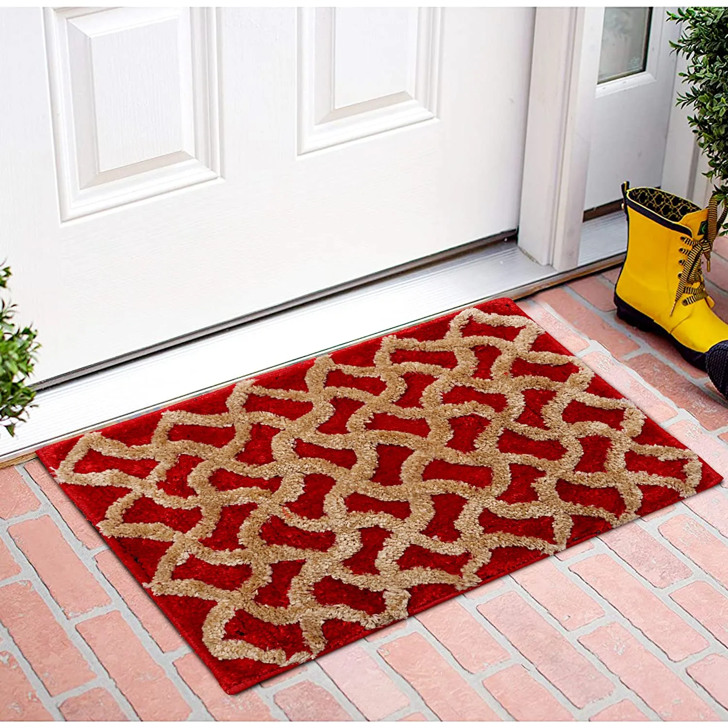 Kuber Industries Soft, Lightweigth, Washable, Non Slip Doormat Entrance Rug Dirt Trapper Mat Shoes Scraper for Entry, Patio, Porch- Pack of 3 (Dark Brown & Red & Grey), Standard (HS39KUBMART022171)